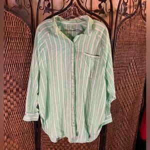 🚫SOLD🚫Aerie Green Striped Linen Blend Oversized Beach Shirt Button Down Size L